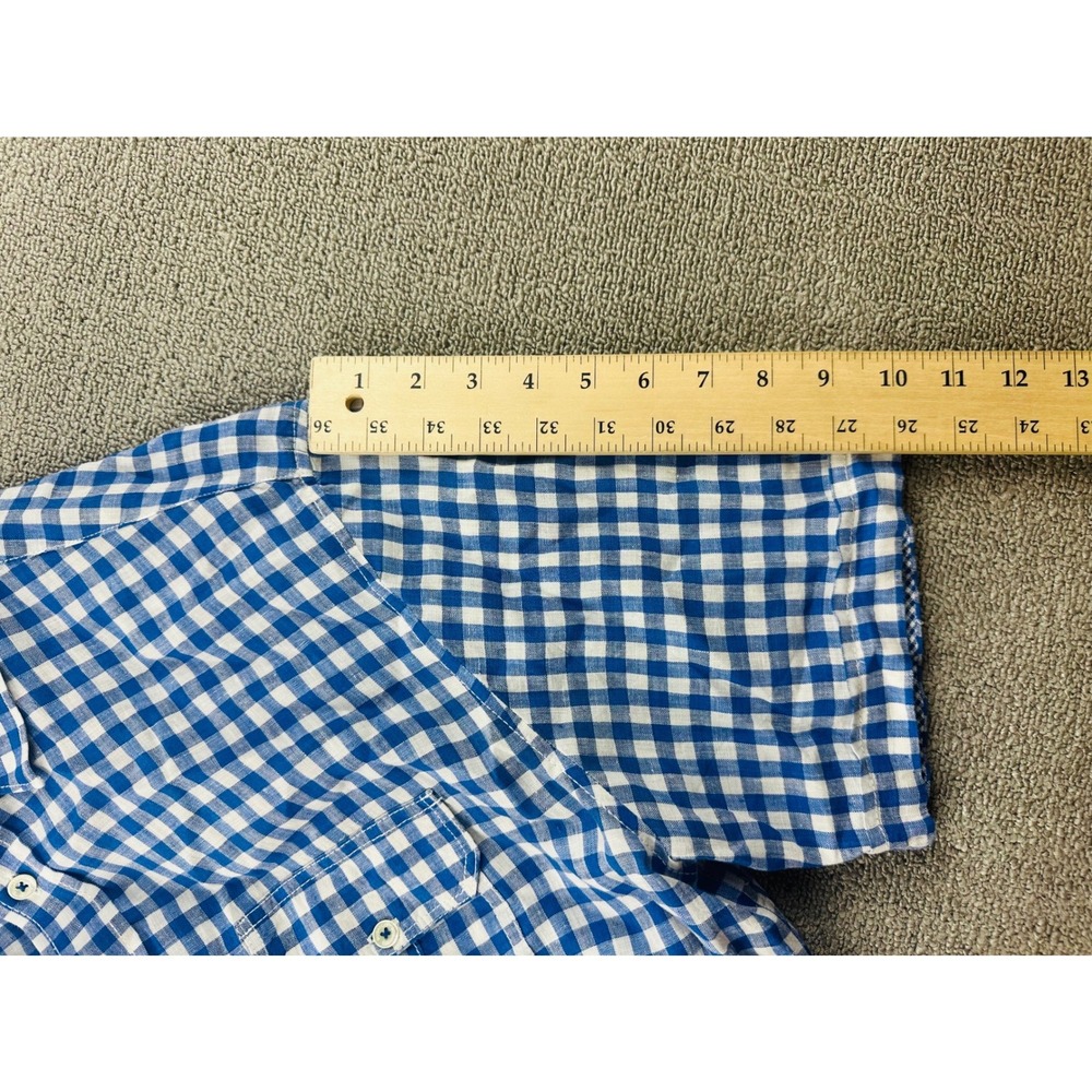Bugatchi Uomo Shirt Men XL Blue Shaped Fit Check Gingham Linen Short Sleeve - Picture 8 of 9